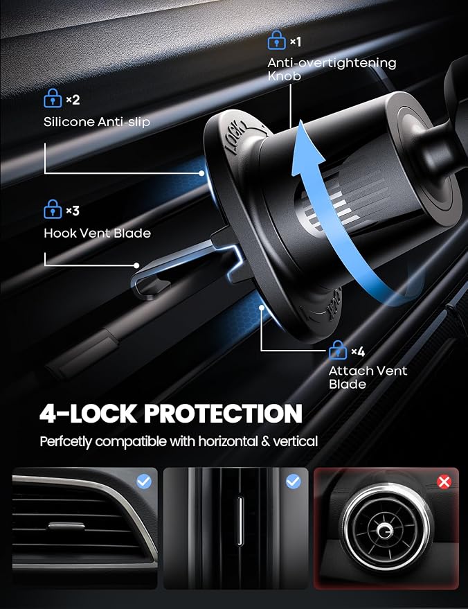 Lamicall 2026 Wider Clamp & Metal Hook Car Phone Holder Vent [Thick Cases Friendly] Phone Holders for Your Car Mount Automobile Hands Free Cradle Air Vent for iPhone 17 16 15 Pro Max Lucite Black