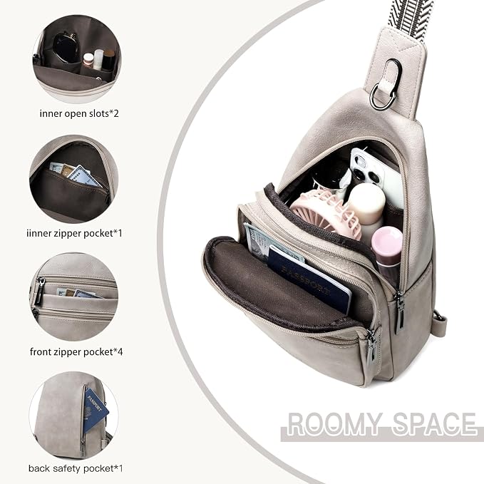 Leresas Sling Bag for Women Crossbody Bags Fanny Packs Sling Purse Backpack Shoulder Bag Vegan Leather Chic Gifts Travel Handbag Light Grey