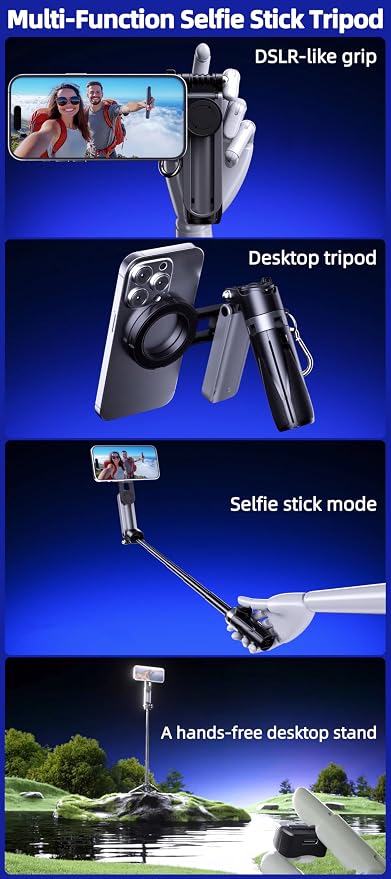 4 in 1 Magnetic Tripod Pocket Selfie Stick Extendable Cell Phone Stand Portable Camera Grip Handle with Wireless Detachable Remote Control for Photograph/Live Streaming/Video/Travel (Black)