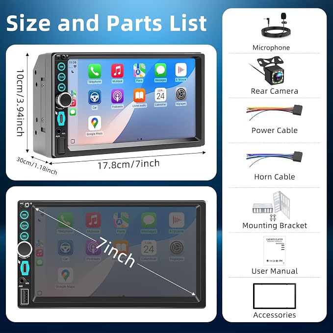 7'' Wireless Double Din Car Stereo Carplay Radio Screen for Car Audio Receivers, Bluetooth Car Play Android Auto Touchscreen, Mirror Link, FM/AM, Backup Camera, Type-C