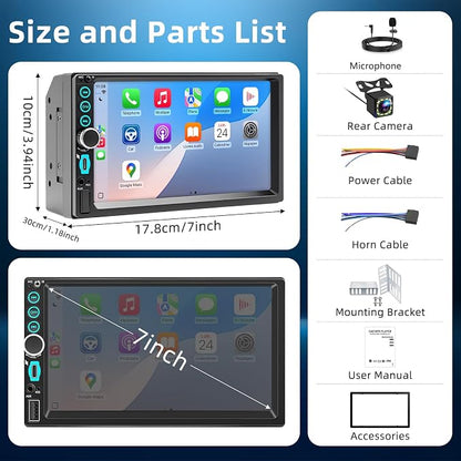 7'' Wireless Double Din Car Stereo Carplay Radio Screen for Car Audio Receivers, Bluetooth Car Play Android Auto Touchscreen, Mirror Link, FM/AM, Backup Camera, Type-C