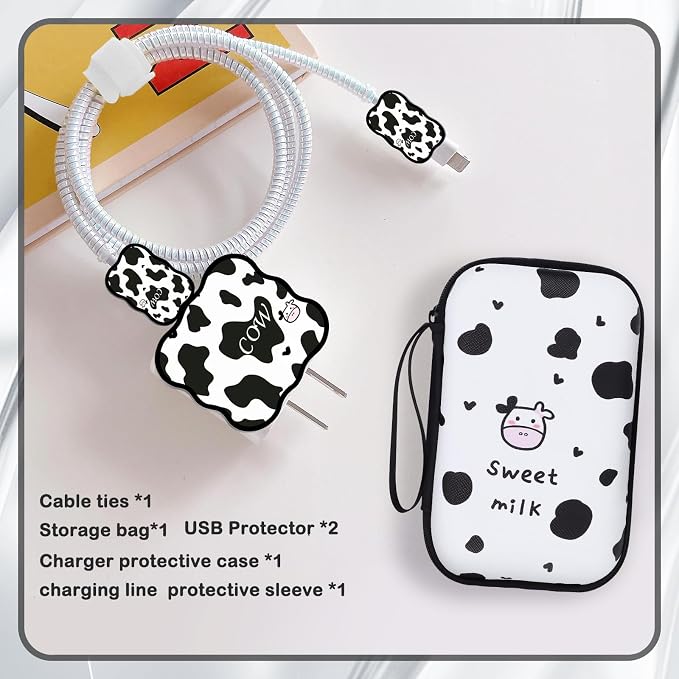 CameCosy DIY Phone Charger Cover Storage Sets Cable USB Earphone Wire Saver Organizer with Travel Storage Bag, Soft Cute Cable Protector Phone Charger Protector Compatible for iPhone(Milk Cow)
