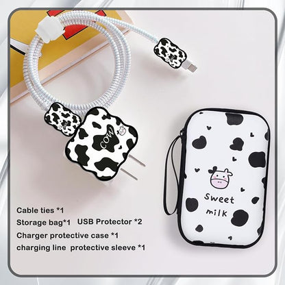 CameCosy DIY Phone Charger Cover Storage Sets Cable USB Earphone Wire Saver Organizer with Travel Storage Bag, Soft Cute Cable Protector Phone Charger Protector Compatible for iPhone(Milk Cow)