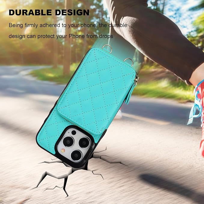 Bocasal Crossbody Wallet Case for iPhone 15 Pro, RFID Blocking PU Leather Zipper Handbag Purse Flip Cover, Kickstand Folio Case with Card Slots Holder Wrist Strap Lanyard 5G 6.1 Inch (Mint Green)