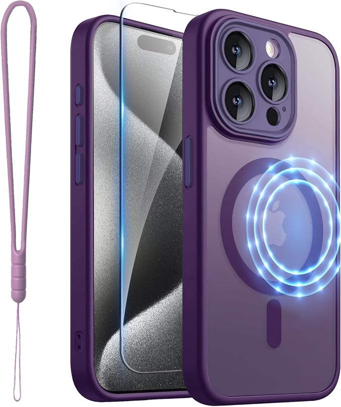 ROYBENS for iPhone 15 Pro-Max Matte Clear Case Compatible with Magsafe, Full Camera Lens Protection, Screen Protector, Wrist Strap, Translucent Magnetic Slim Hard Protective Phone Cover, Purple
