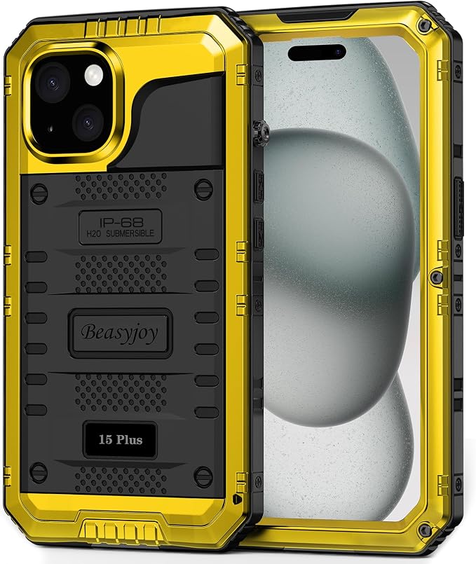 Beasyjoy for iPhone 15 Plus Case Waterproof, Metal Heavy Duty Full Body Protective Case with Built in Screen Protector, Military Grade Shockproof Defender Case for iPhone 15 Plus 6.7", Yellow