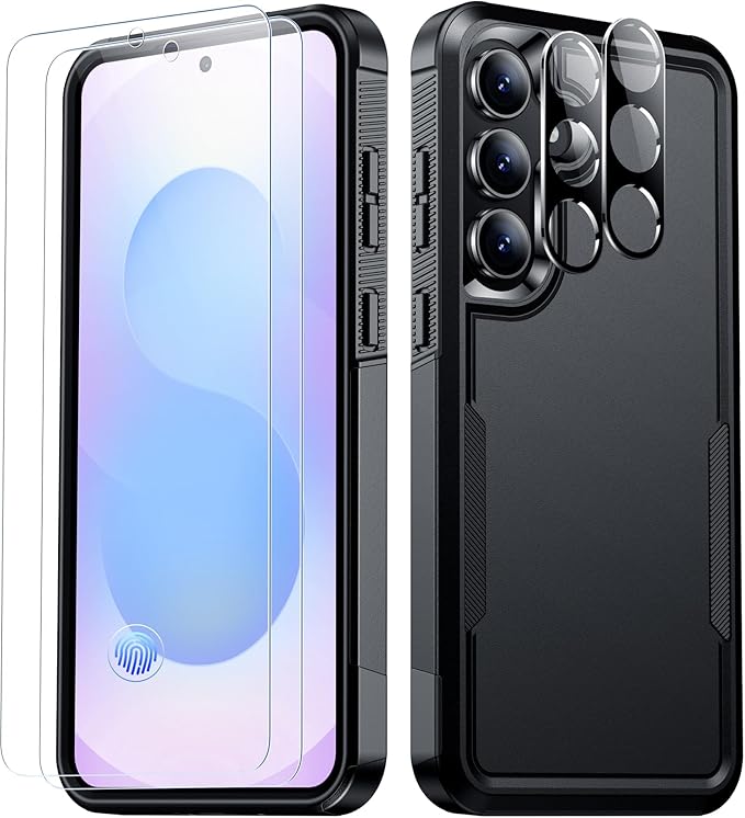SPIDERCASE Designed for Samsung Galaxy S25 FE Case,[10 FT Military Grade Drop Protection],2 Pack [Tempered Glass Screen Protector+Camera Lens Protector] Heavy Duty Shockproof Case,Black