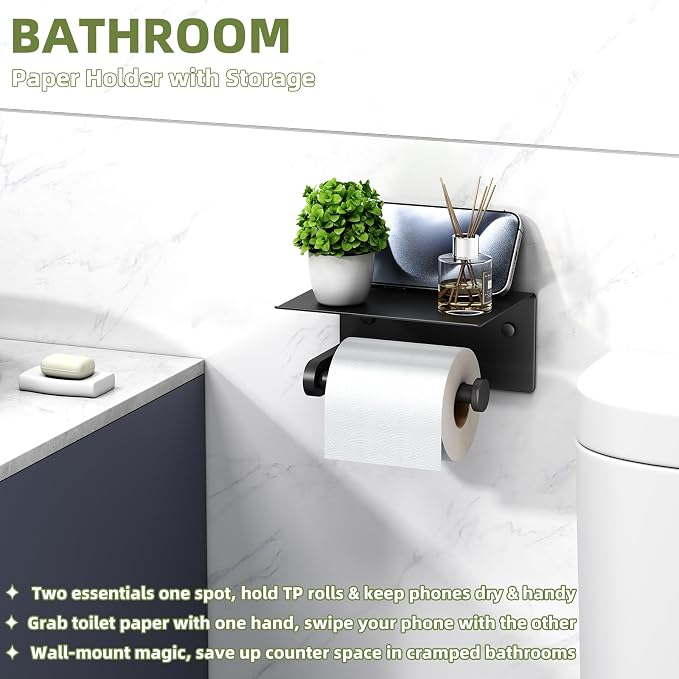 Toilet Paper Holder with Phone Shelf, APLusee SUS 304 Stainless Steel Bathroom Tissue Holder, Wall Mounted Roll Paper Dispenser, Matte Black