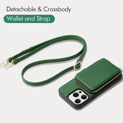 ZVE for iPhone 14 Pro Max Wallet Case for Women, Crossbody Phone Cover with Card Slots, RFID Blocking Purse with Wrist Strap Compatible with iPhone 14 Pro Max, 6.7"- Dark Green
