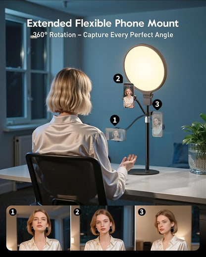 1300 Lumens Ring Light with Stand for Desk, Computer & Laptop – Podcast & Streaming Light with Flexible Phone Holder, CRI 98+ Bright Yet Soft Influencer Light for Video Recording, Conference & Calls