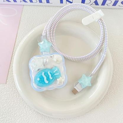 Charger Cover Compatible with Apple 40W Dynamic Power Adapter (with 60W Max), DIY 3D Wave Transparent Soft Charger Case + Laser Spiral Data Cable Protector, White Seashell & Blue Fish (5in1)