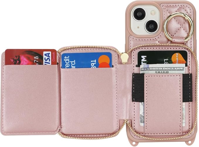 Crossbody Wallet Case for iPhone 14, PU Leather Zipper Handbag Purse Flip Cover, Kickstand Folio Case with Card Slots Holder Wrist Strap Lanyard 5G 6.1 Inch-Rose Gold