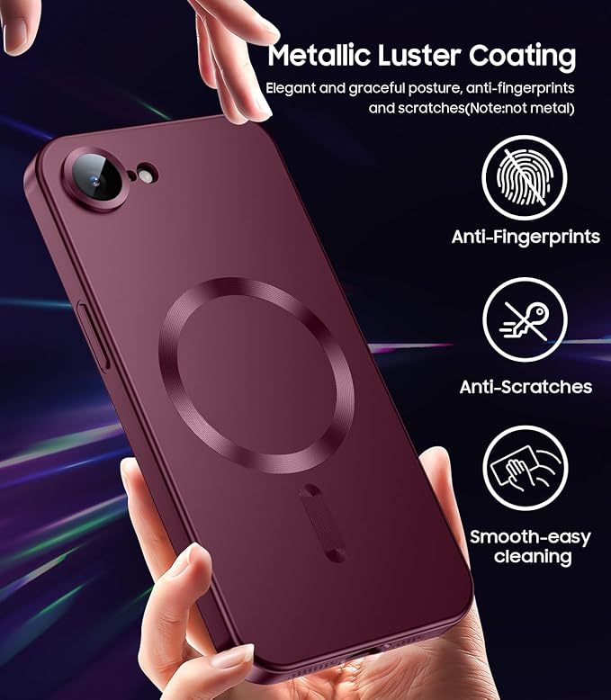Magnetic for iPhone 17e Case/iPhone 16e Case [Compatible with MagSafe][Built-in Camera Lens Protector] Slim Soft Silicone Bumper Shockproof Metallic Luster 17e Phone Case (Burgundy)