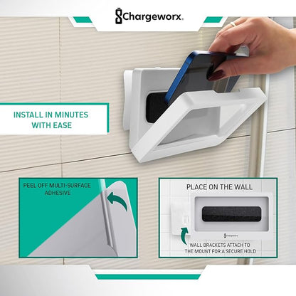 CHARGEWORX Waterproof Shower Phone Holder Wall Mount, Anti-Fog Touchscreen Phone Case for Bathroom, Universal Smartphone Holder up to 7”, Hands-Free Cell Phone Stand, White