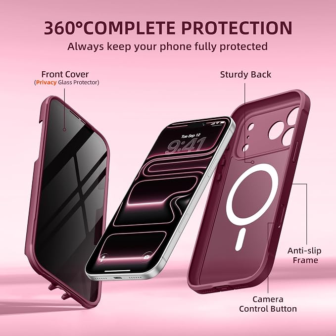 BERFY for iPhone 17 Pro Case, Compatible with MagSafe, Built-in Privacy Screen Protector, Camera Protection, Shockproof Full Body Phone Case 6.3", Translucent Red