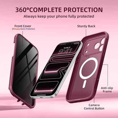 BERFY for iPhone 17 Pro Case, Compatible with MagSafe, Built-in Privacy Screen Protector, Camera Protection, Shockproof Full Body Phone Case 6.3", Translucent Red