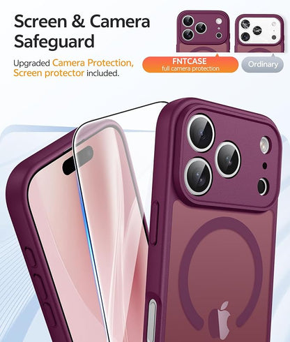 FNTCASE for iPhone 17 Pro Max Case, Fit for Magsafe, Screen Protector | Full Camera Protection, Translucent Matte, 14FT Military Grade Drop Proof, Shockproof Protective Phone Cover, Wine Red