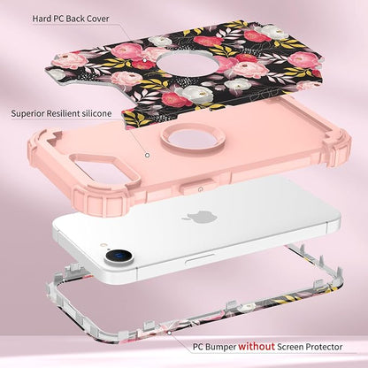 Hocase for iPhone 17e/iPhone 16e Case, Heavy Duty Shockproof Protection Hard Plastic+Silicone Rubber Hybrid Protective Phone Case for iPhone 17e/16e 6.1" - Rose Blossom
