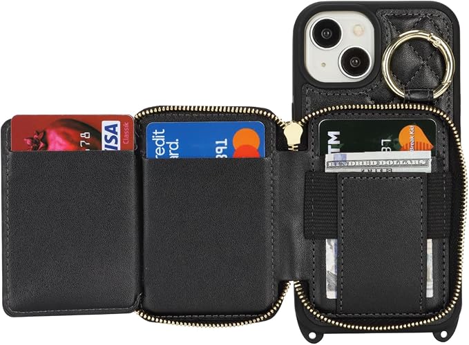 Crossbody Wallet Case for iPhone 14, PU Leather Zipper Handbag Purse Flip Cover, Kickstand Folio Case with Card Slots Holder Wrist Strap Lanyard 5G 6.1 Inch-Black