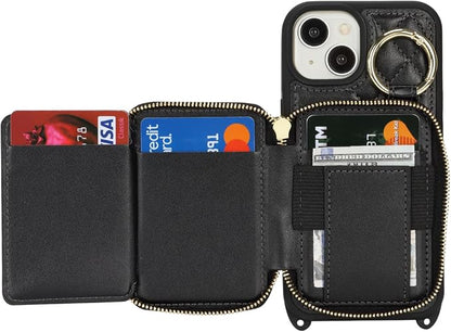 Crossbody Wallet Case for iPhone 14, PU Leather Zipper Handbag Purse Flip Cover, Kickstand Folio Case with Card Slots Holder Wrist Strap Lanyard 5G 6.1 Inch-Black