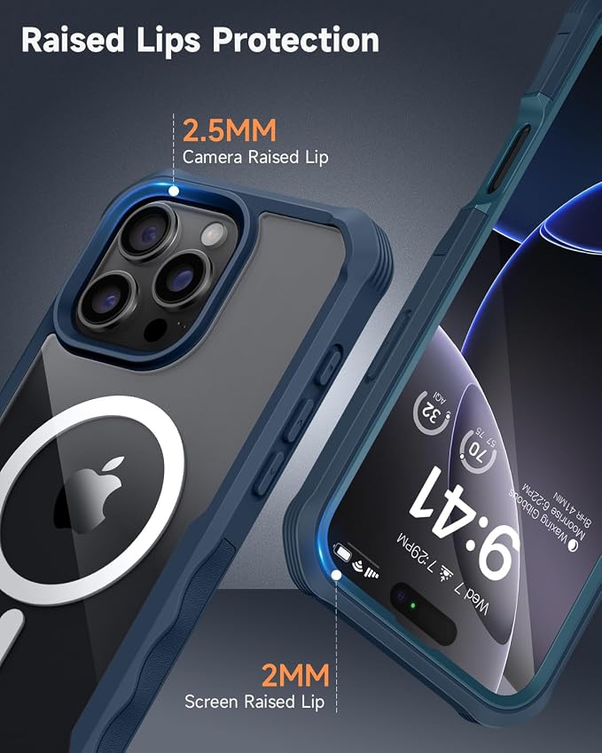 seacosmo for iPhone 16 Pro Max Case, Full Body Bumper with Built-in 9H Tempered Glass Screen and Camera Lens Protector, Compatible with MagSafe, Shockproof 16 Pro Max Phone Case, 6.9", Blue