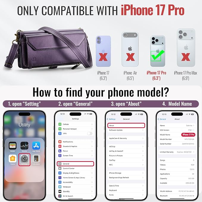 Strapurs Wallet Case Compatible with iPhone 17 Pro 6.3" RFID Blocking 9-Card Holder Soft PU Leather Magnetic Snap Shoulder Strap Zipper Pocket Phone Case Fit for iPhone 17 Pro for Women - Purple