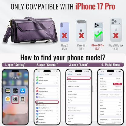 Strapurs Wallet Case Compatible with iPhone 17 Pro 6.3" RFID Blocking 9-Card Holder Soft PU Leather Magnetic Snap Shoulder Strap Zipper Pocket Phone Case Fit for iPhone 17 Pro for Women - Purple