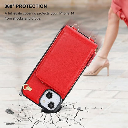 KIHUWEY Crossbody Wallet Case for iPhone 13 iPhone 14, Zipper Pocket Case with Card Holder, PU Leather RFID Blocking Protective Cover Case with Kickstand Detachable Wrist Strap Lanyard 6.1" (Red)