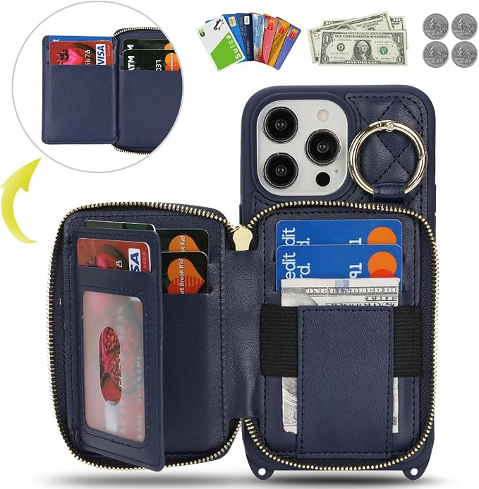 Crossbody Wallet Case for iPhone 14 Pro Max, PU Leather Zipper Handbag Purse Flip Cover, Kickstand Folio Case with Card Slots Holder Wrist Strap Lanyard 5G 6.7 Inch-Blue