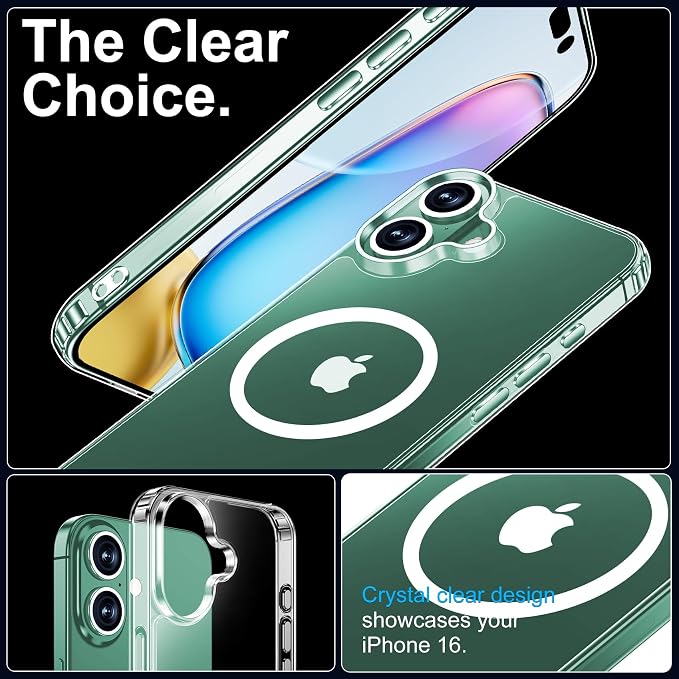 xiwxi for iPhone 16 Case, [Compatible with Magsafe], with Screen Protector+Camera Protector, [Military-Grade Drop Protection], Anti-Yellowing Magnetic Phone Case-Clear