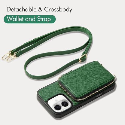 ZVE for iPhone 17 Wallet Case with Card Holder, Leather Crossbody Phone Purse Case with Wrist Strap 6.3" Dark Green