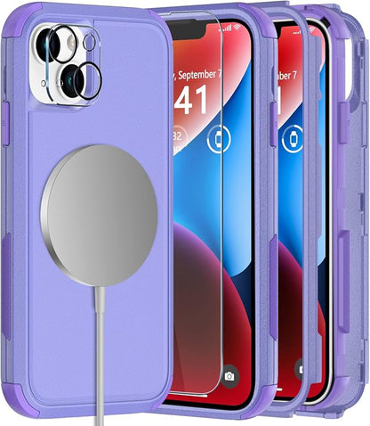 Diverbox Compatible with iPhone 14 Phone Case,for iPhone 14 Magnetic Case [with Screen Protector & Camera Lens Protector ] Heavy Duty Phone Case for iPhone 14 (Purple)