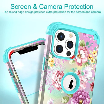 Hocase for iPhone 13 Pro Max Case, Heavy Duty Shockproof Protection Soft Silicone Rubber Bumper+Hard Plastic Hybrid Protective Case for iPhone 13 Pro Max (6.7") 2021 - Purple Florals/Teal
