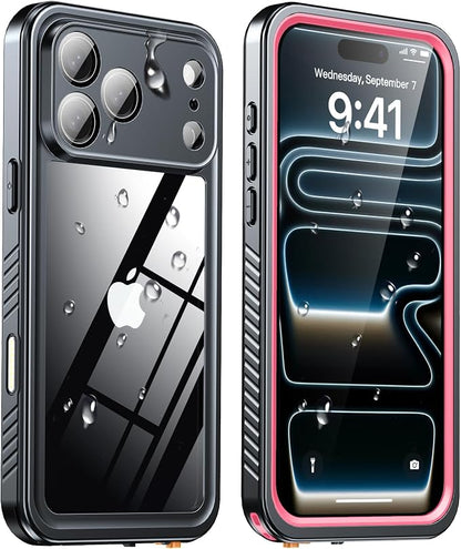 ANTSHARE for iPhone 17 Pro Max Case, IP68 Waterproof Shockproof Case, [Built-in Screen Protector] - 12 FT Military Dropproof - Full Body Heavy Duty Rugged Phone Cover 6.9 inches - Pink/Clear