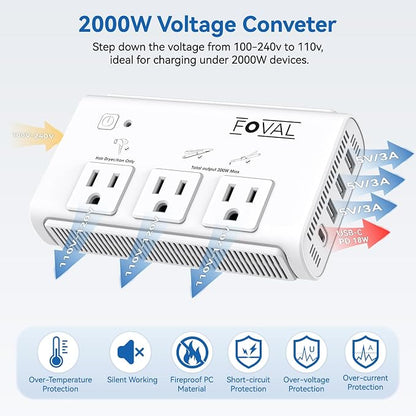 220V to 110V Travel Voltage Converter, FOVAL 2000W Power Converter for Hair Dryer, Straightener/Curling Iron with 4-Port USB (1 USB C), Step Down Transformer for US/EU/UK/AU/SA/Italy/India