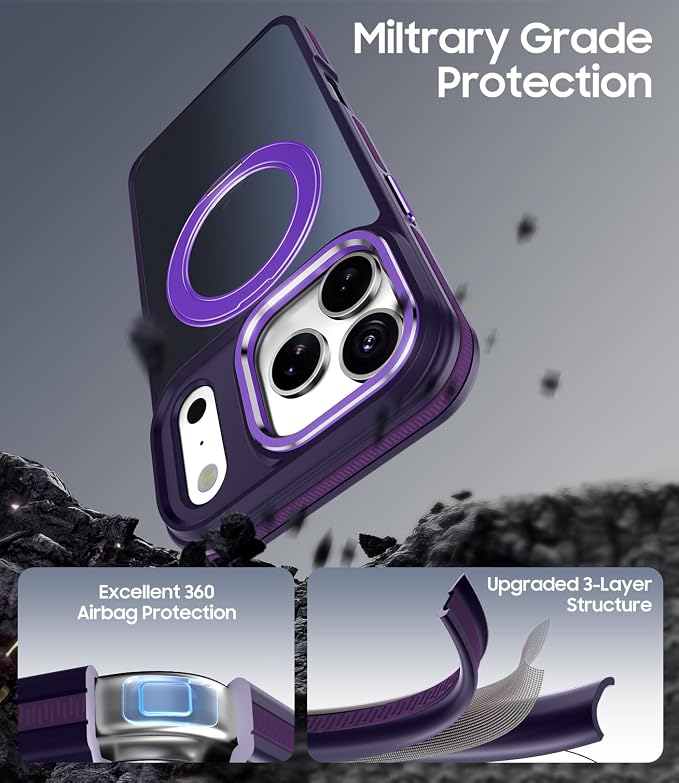 for iPhone 17 Pro Case with 360 Magnetic Ring Stand, Fit MagSafe, Military-Grade Shockproof Protection, Non-Slip Slim Translucent Protective Phone Cover, Purple