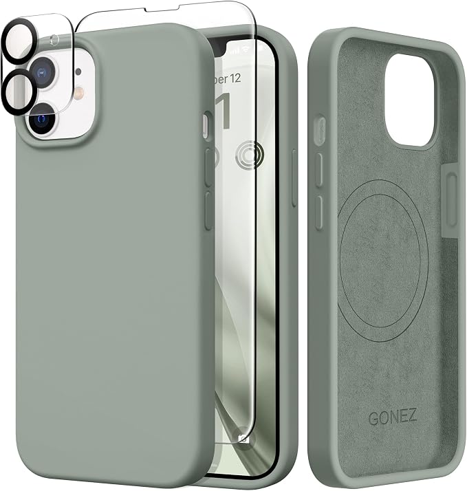 GONEZ Magnetic for iPhone 12 Case / 12 Pro Case, Compatible with MagSafe, [Screen Protector + Camera Lens Protector], Silicone Shockproof Anti-Scratch Protective Phone Case 6.1 inch, Calke Green