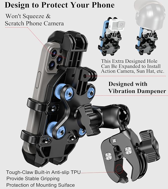 BRCOVAN Motorcycle Phone Mount Holder with Vibration Dampener, Anti-Shake Cellphone Clamp Fit Handlebars 0.5'' to 1.5'' in Diameter for Bike Bicycle Scooter ATV, Adjustable Fit 5.4-6.9'' Smartphones