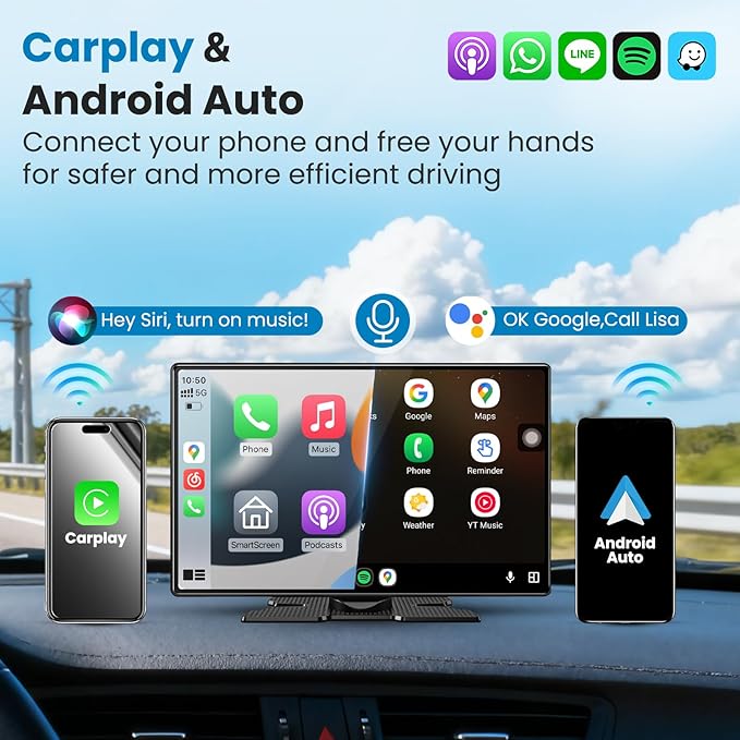 Portable A pple Carplay Screen for Car, 11.3" Extra Large Wireless Car Play & Android Auto Screen for Car, Car Stereo with 4K Dash Cam, App View, Backup Camera,GPS,Mirror Link,FM, Voice Control