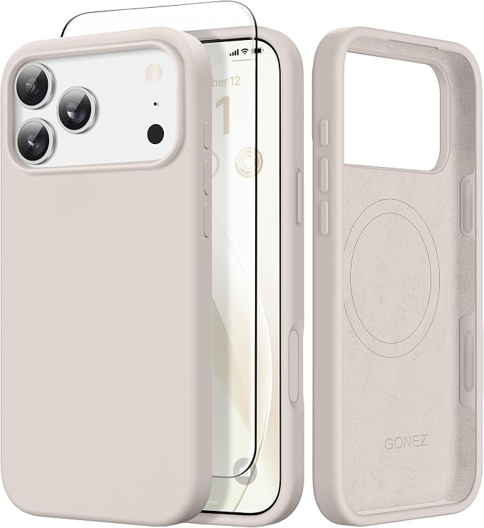GONEZ Magnetic for iPhone 17 Pro Max Case, Compatible with MagSafe, [Screen Protector + Camera Lens Protector], Liquid Silicone Anti-Scratch Shockproof Protective Phone Case 6.9 inch, Stone