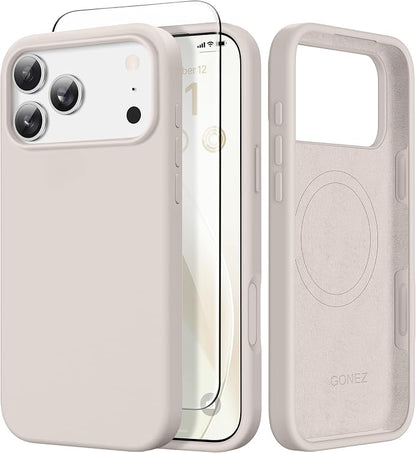 GONEZ Magnetic for iPhone 17 Pro Max Case, Compatible with MagSafe, [Screen Protector + Camera Lens Protector], Liquid Silicone Anti-Scratch Shockproof Protective Phone Case 6.9 inch, Stone