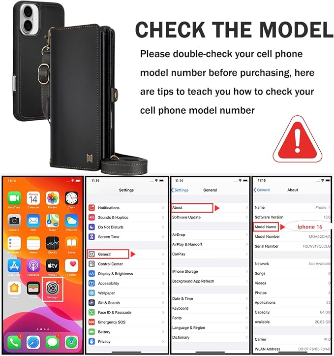 for Wallet Case Compatible with iPhone 16,Multi-Function Detachable 2 in 1 Magnetic iPhone 16 Case Wallet,Flip Strap Zipper Card Holder Phone Case with Shoulder Straps (Black)