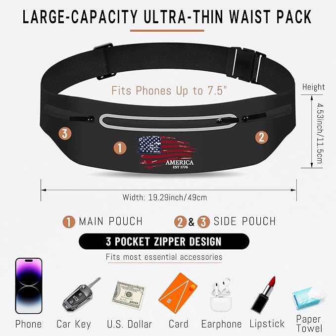 American Flag Slim Running Belt Waist Pack Bag,Black Jogging Fanny Packs for women Moisture Wicking Sports Belt Bag Adjustable,Lightweight Reflective Workout Pouch Phone Holder for Men USA Flag 1776