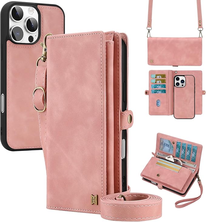for Wallet Case Compatible with iPhone 16 Pro,Multi-Function Detachable 2 in 1 Magnetic iPhone 16 Pro Case Wallet,Flip Strap Zipper Card Holder Phone Case with Shoulder Straps (Pink)