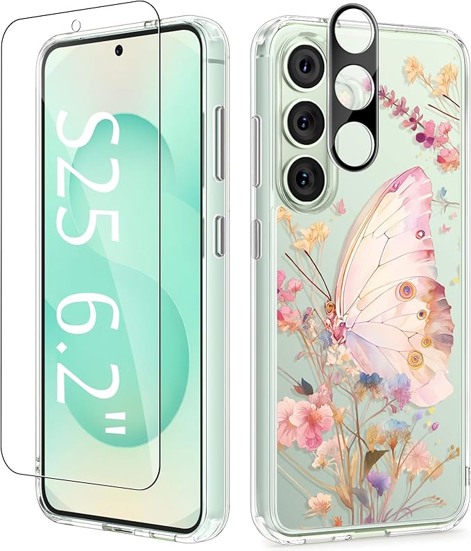 GVIEWIN for Samsung Galaxy S25 Case, Clear Floral Slim Shockproof Protective Women Phone Case, Non-Yellowing, with Screen Protector & Camera Lens Protector for Galaxy S25 6.2", Magic Butterfly/Golden