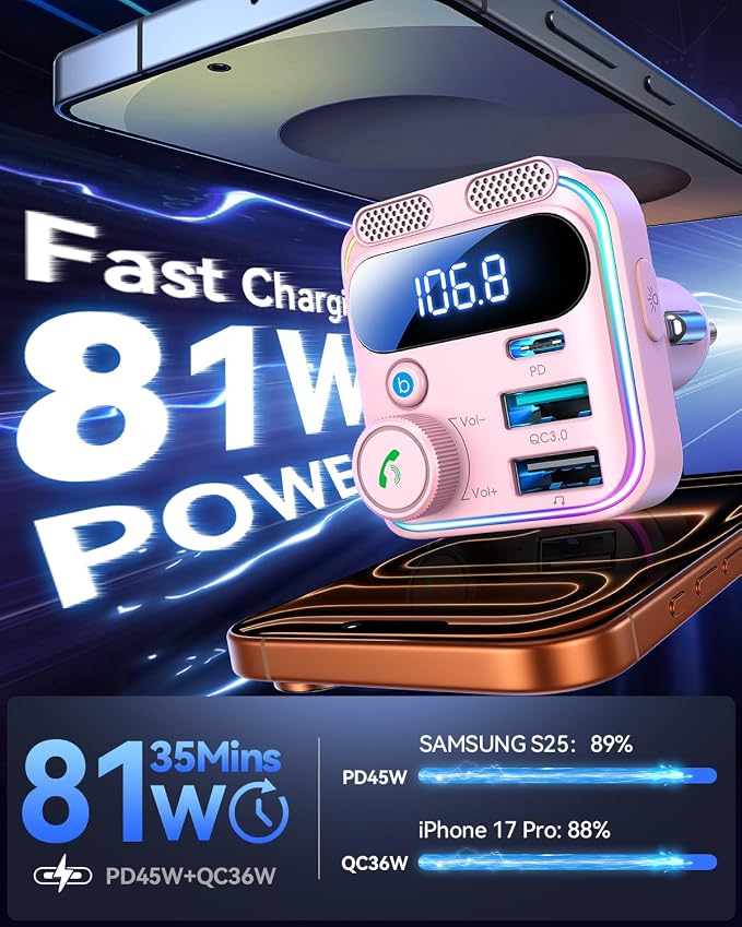 JOYROOM Bluetooth 6.0 Car Adapter FM Transmitter 81W Fast Charging Cigarette Lighter Hands-Free Calling Support USB Drive, Pink