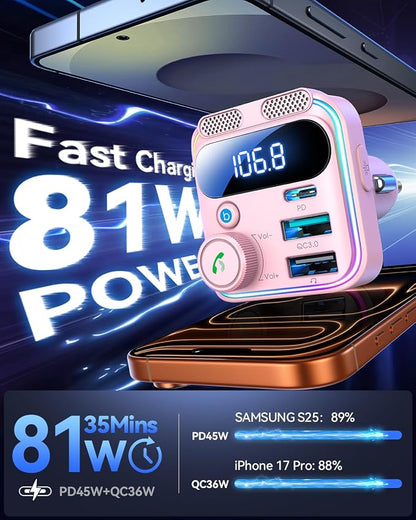 JOYROOM Bluetooth 6.0 Car Adapter FM Transmitter 81W Fast Charging Cigarette Lighter Hands-Free Calling Support USB Drive, Pink
