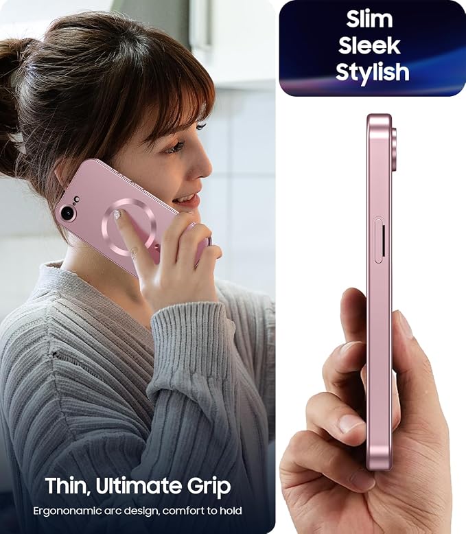 Magnetic for iPhone 17e Case/iPhone 16e Case [Compatible with MagSafe][Built-in Camera Lens Protector] Slim Soft Silicone Bumper Shockproof Metallic Luster 17e Phone Case (Rose Gold)