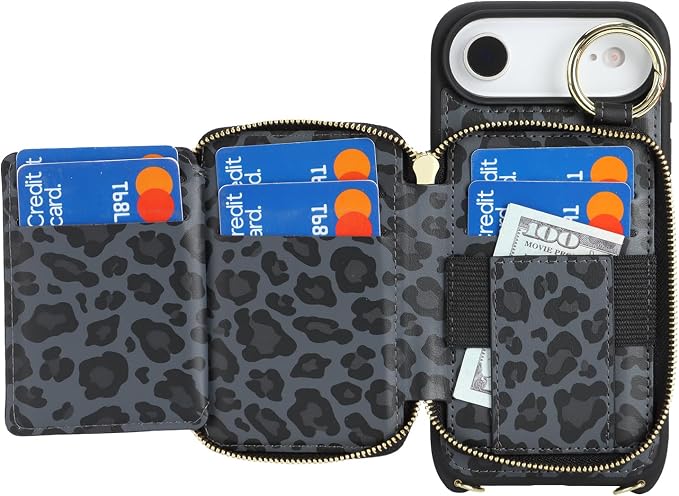Crossbody Wallet Case for iPhone Air, PU Leather Zipper Handbag Purse Flip Cover, Kickstand Folio Case with Card Slots Holder Wrist Strap Lanyard 5G 6.5 Inch-Black Leopard