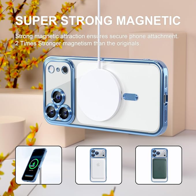Misea Magnetic for iPhone 17 Pro Max Case Compatible with MagSafe [Never Yellowing] [Military Grade Drop Protection] Full Camera Lens Protector Plating Soft Clear Phone Case for Women, Sky Blue